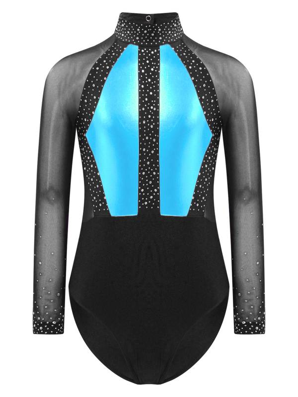 Kids Girls Shiny Rhinestones Color Block Mesh Long Sleeve Gymnastic Leotard thumb