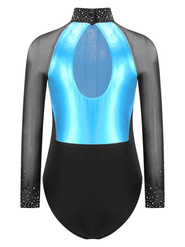 Kids Girls Shiny Rhinestones Color Block Mesh Long Sleeve Gymnastic Leotard thumb