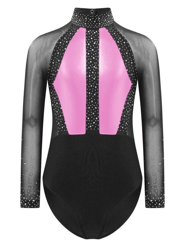 Kids Girls Shiny Rhinestones Color Block Mesh Long Sleeve Gymnastic Leotard thumb