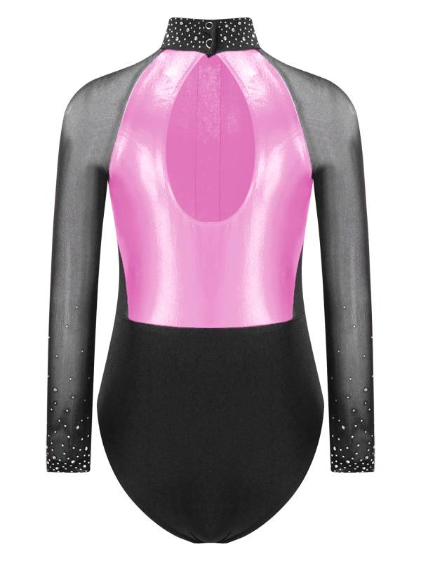 Kids Girls Shiny Rhinestones Color Block Mesh Long Sleeve Gymnastic Leotard thumb