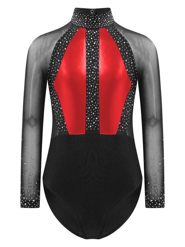 Kids Girls Shiny Rhinestones Color Block Mesh Long Sleeve Gymnastic Leotard thumb