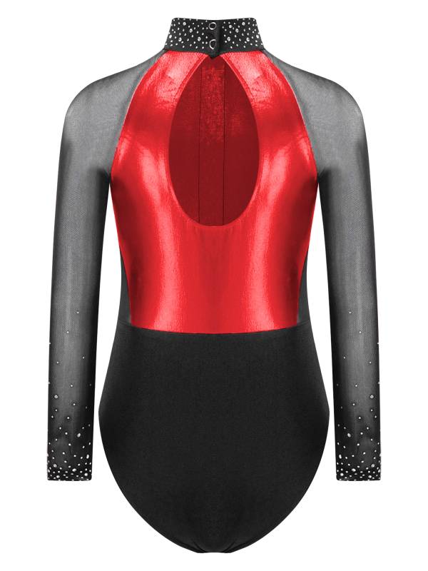 Kids Girls Shiny Rhinestones Color Block Mesh Long Sleeve Gymnastic Leotard thumb