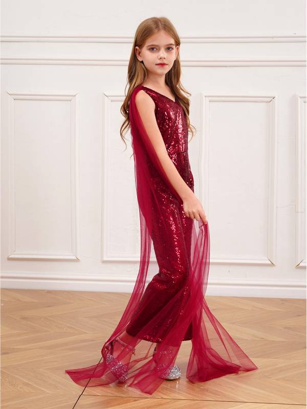 Kids Girls  Cape Sleeve Sparkly Sequined Party Jumpsuit thumb