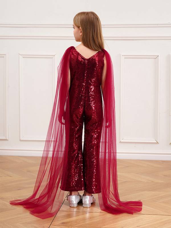 Kids Girls  Cape Sleeve Sparkly Sequined Party Jumpsuit thumb