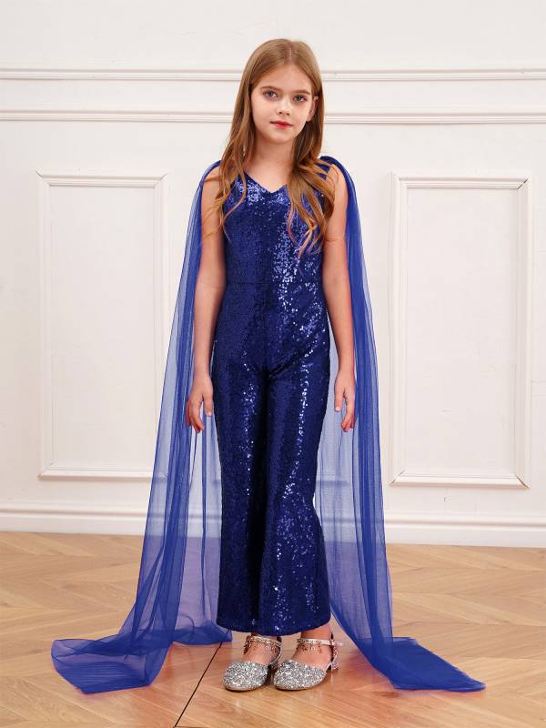 Kids Girls  Cape Sleeve Sparkly Sequined Party Jumpsuit thumb