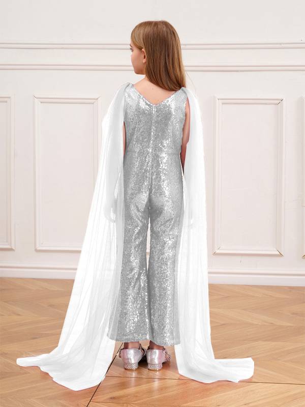 Kids Girls  Cape Sleeve Sparkly Sequined Party Jumpsuit thumb