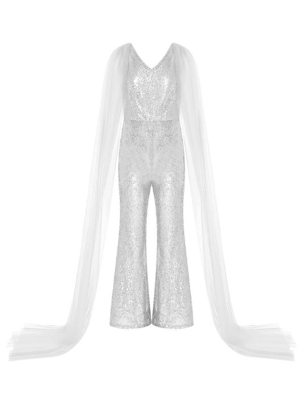 Kids Girls  Cape Sleeve Sparkly Sequined Party Jumpsuit thumb