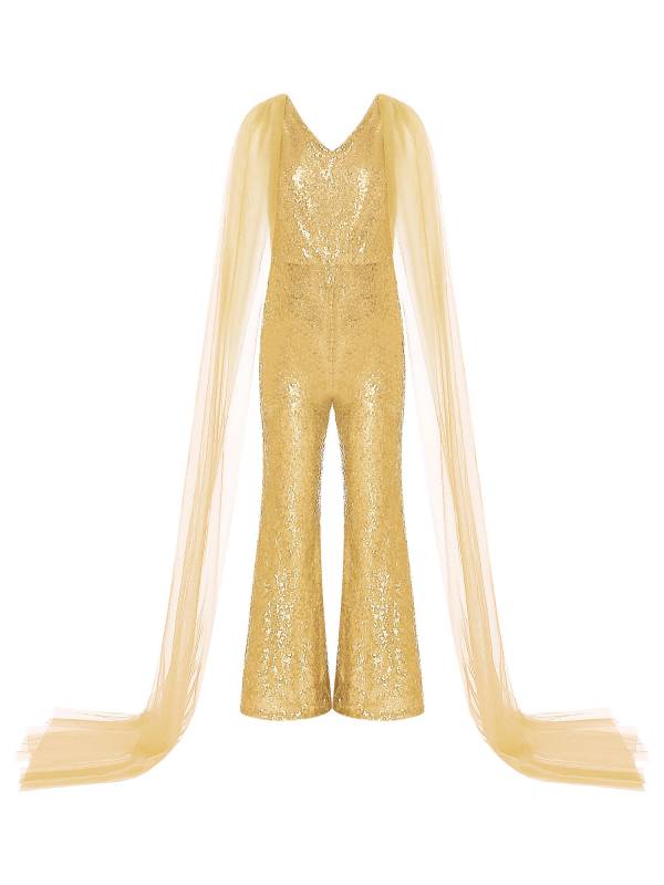 Kids Girls  Cape Sleeve Sparkly Sequined Party Jumpsuit thumb
