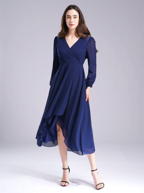 Women Wedding Guest Dress V Neck Long Sleeve High-low Chiffon Dress thumb