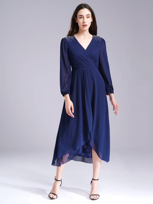 Women Wedding Guest Dress V Neck Long Sleeve High-low Chiffon Dress thumb