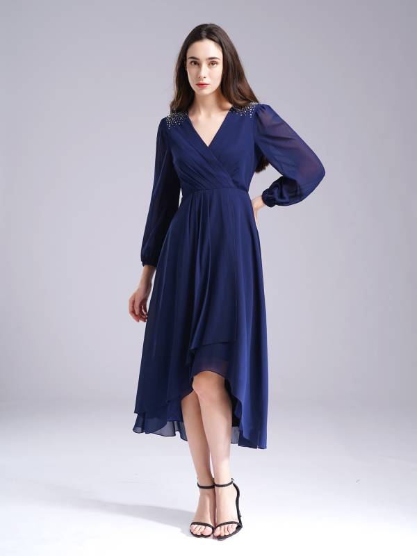 Women Wedding Guest Dress V Neck Long Sleeve High-low Chiffon Dress thumb