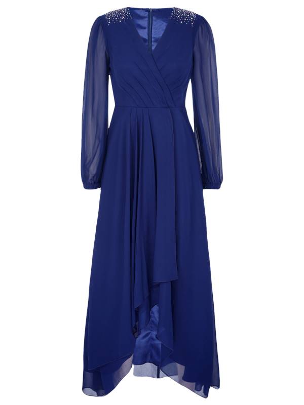 Women Wedding Guest Dress V Neck Long Sleeve High-low Chiffon Dress thumb