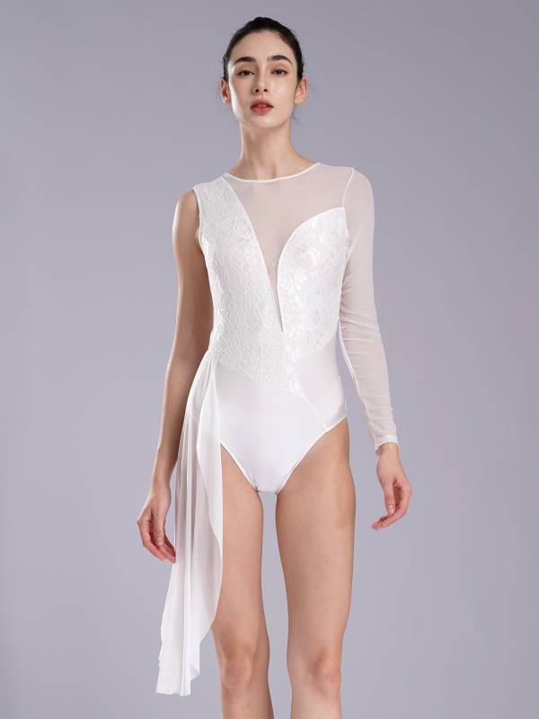 Women One Long Sleeve Floral Lace Deep V Back Lyrical Dance Leotard thumb