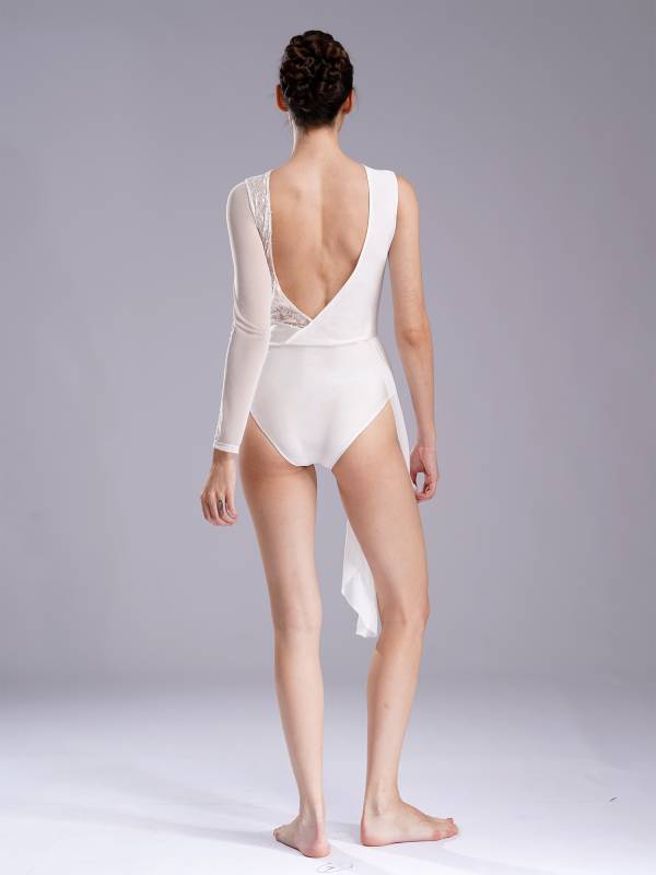 Women One Long Sleeve Floral Lace Deep V Back Lyrical Dance Leotard thumb
