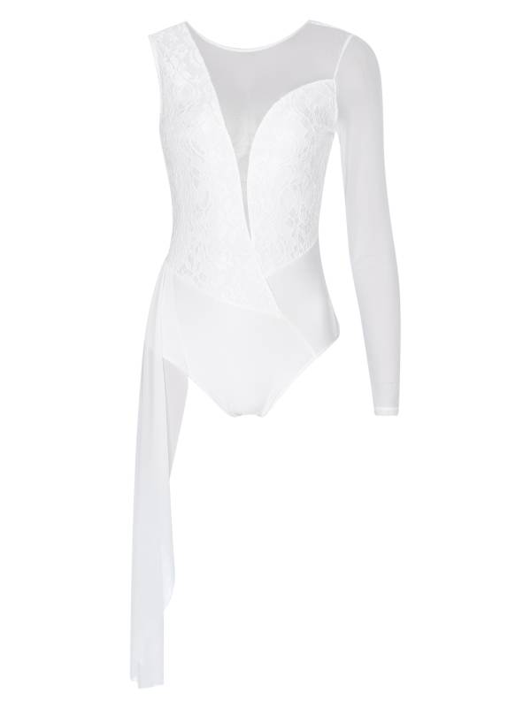 Women One Long Sleeve Floral Lace Deep V Back Lyrical Dance Leotard thumb