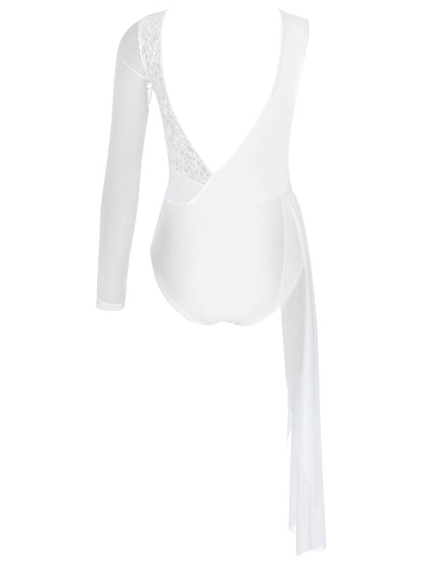 Women One Long Sleeve Floral Lace Deep V Back Lyrical Dance Leotard thumb