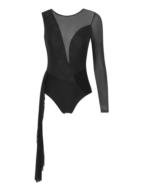Women One Long Sleeve Floral Lace Deep V Back Lyrical Dance Leotard thumb
