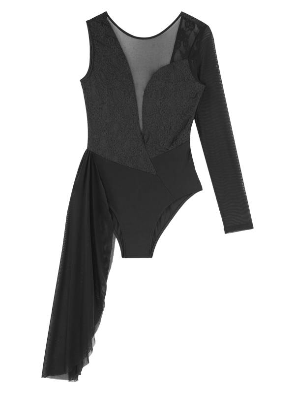 Women One Long Sleeve Floral Lace Deep V Back Lyrical Dance Leotard thumb