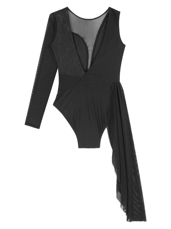 Women One Long Sleeve Floral Lace Deep V Back Lyrical Dance Leotard thumb