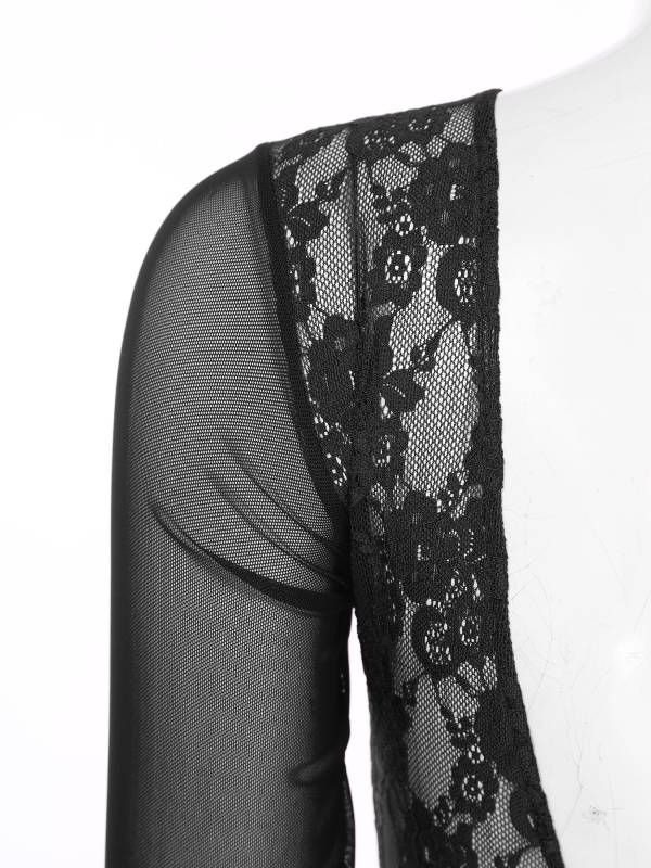 Women One Long Sleeve Floral Lace Deep V Back Lyrical Dance Leotard thumb