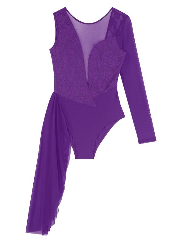 Women One Long Sleeve Floral Lace Deep V Back Lyrical Dance Leotard thumb