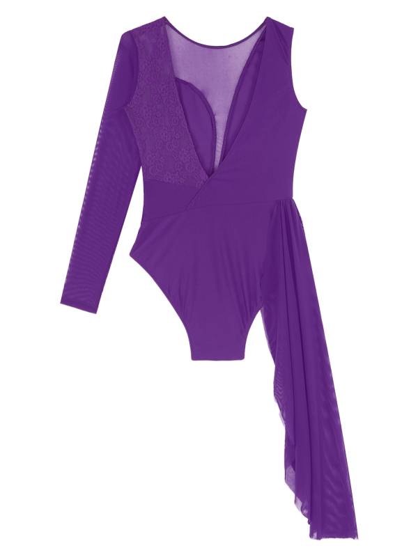 Women One Long Sleeve Floral Lace Deep V Back Lyrical Dance Leotard thumb