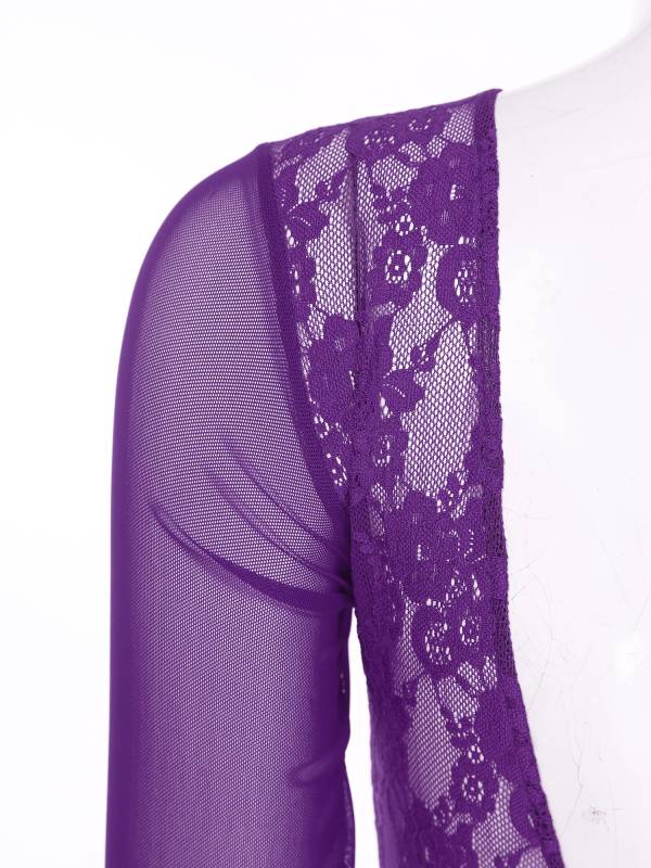 Women One Long Sleeve Floral Lace Deep V Back Lyrical Dance Leotard thumb