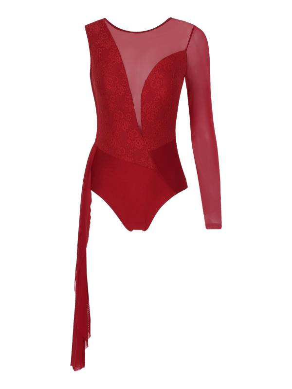 Women One Long Sleeve Floral Lace Deep V Back Lyrical Dance Leotard thumb