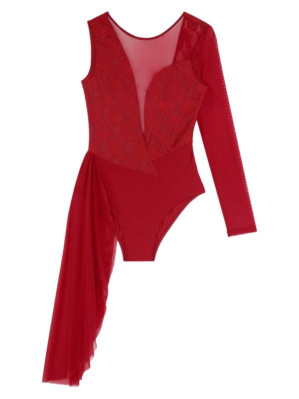 Women One Long Sleeve Floral Lace Deep V Back Lyrical Dance Leotard thumb
