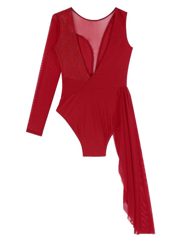 Women One Long Sleeve Floral Lace Deep V Back Lyrical Dance Leotard thumb