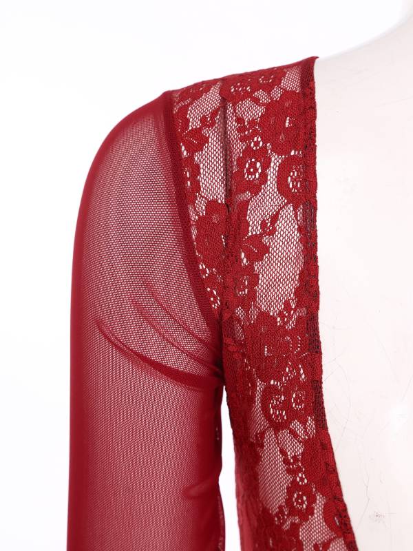 Women One Long Sleeve Floral Lace Deep V Back Lyrical Dance Leotard thumb
