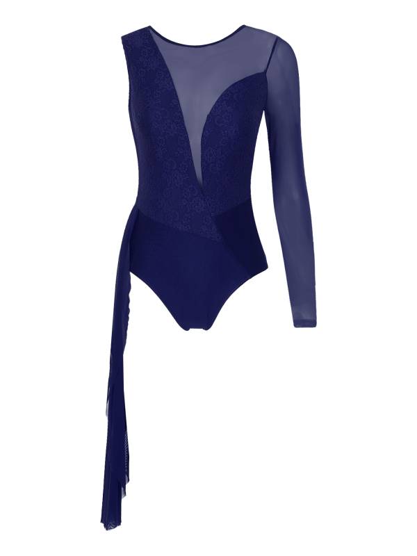 Women One Long Sleeve Floral Lace Deep V Back Lyrical Dance Leotard thumb