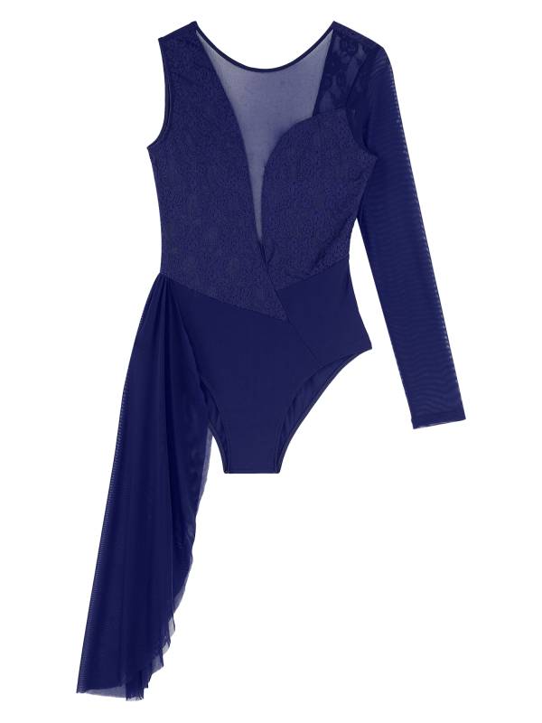 Women One Long Sleeve Floral Lace Deep V Back Lyrical Dance Leotard thumb
