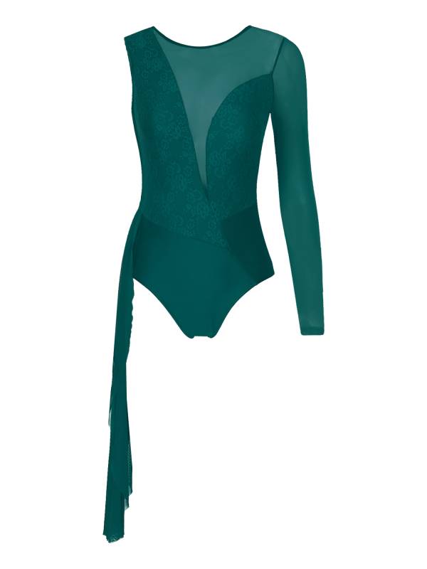 Women One Long Sleeve Floral Lace Deep V Back Lyrical Dance Leotard thumb