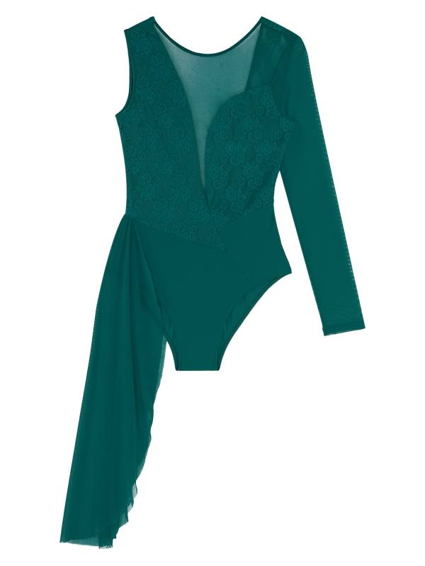 Women One Long Sleeve Floral Lace Deep V Back Lyrical Dance Leotard thumb