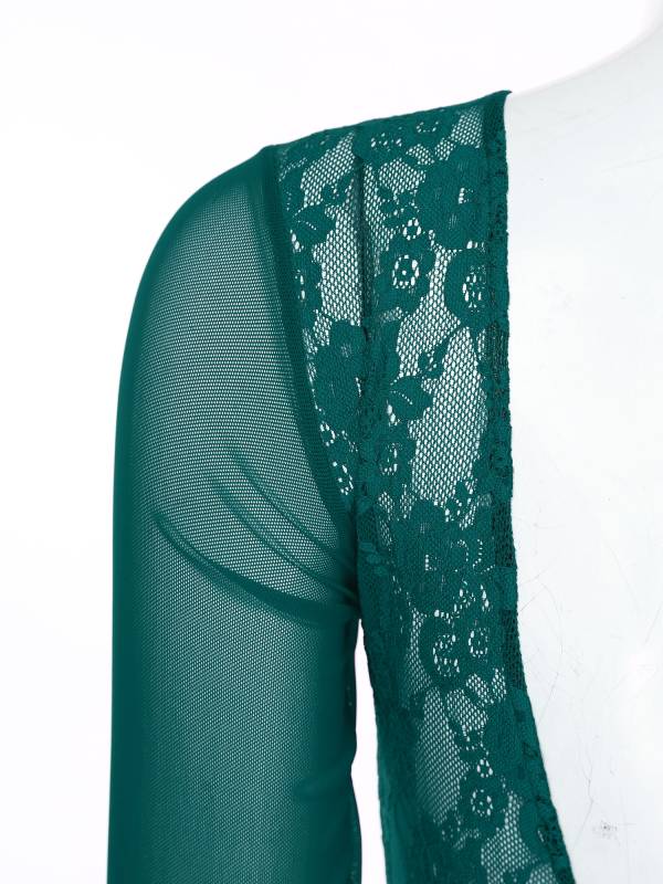 Women One Long Sleeve Floral Lace Deep V Back Lyrical Dance Leotard thumb