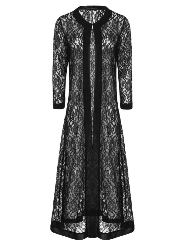 Women Long Sleeve Open Front Floral Lace Long Cardigan for Evening Party thumb