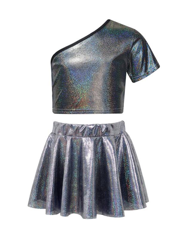 Kids Girls One Shoulder Short Sleeve Metallic Crop Top and Skirt Jazz Dance Set thumb
