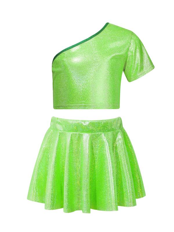 Kids Girls One Shoulder Short Sleeve Metallic Crop Top and Skirt Jazz Dance Set thumb