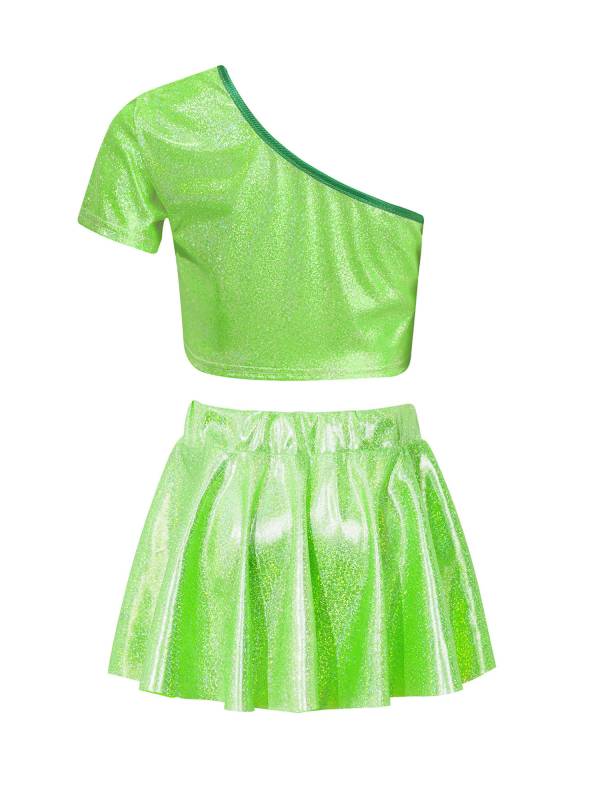 Kids Girls One Shoulder Short Sleeve Metallic Crop Top and Skirt Jazz Dance Set thumb