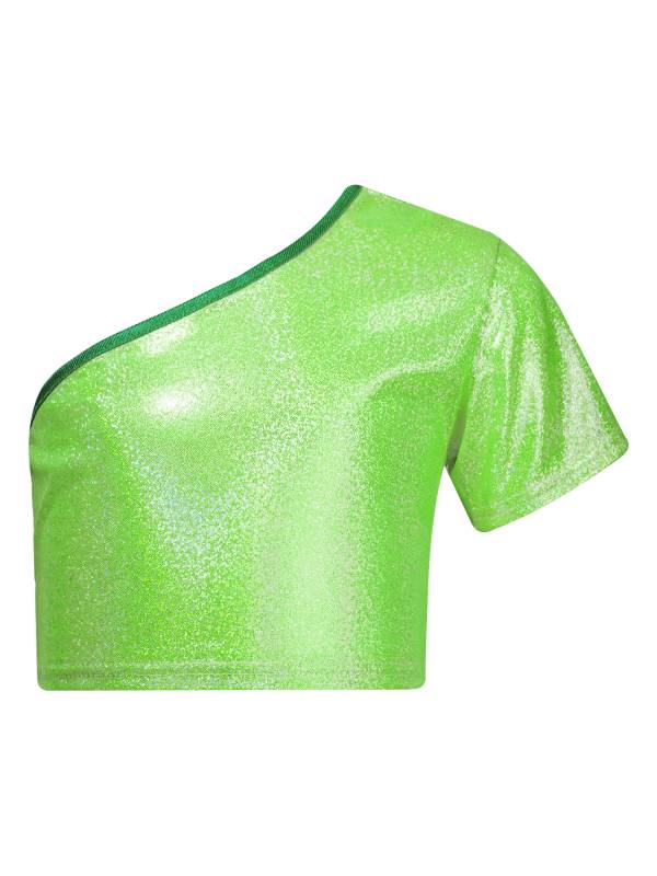 Kids Girls One Shoulder Short Sleeve Metallic Crop Top and Skirt Jazz Dance Set thumb