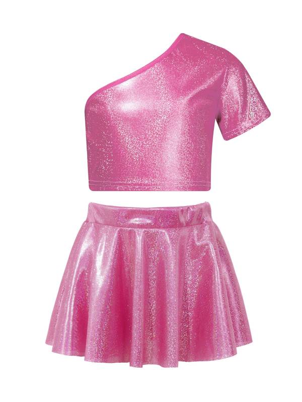 Kids Girls One Shoulder Short Sleeve Metallic Crop Top and Skirt Jazz Dance Set thumb