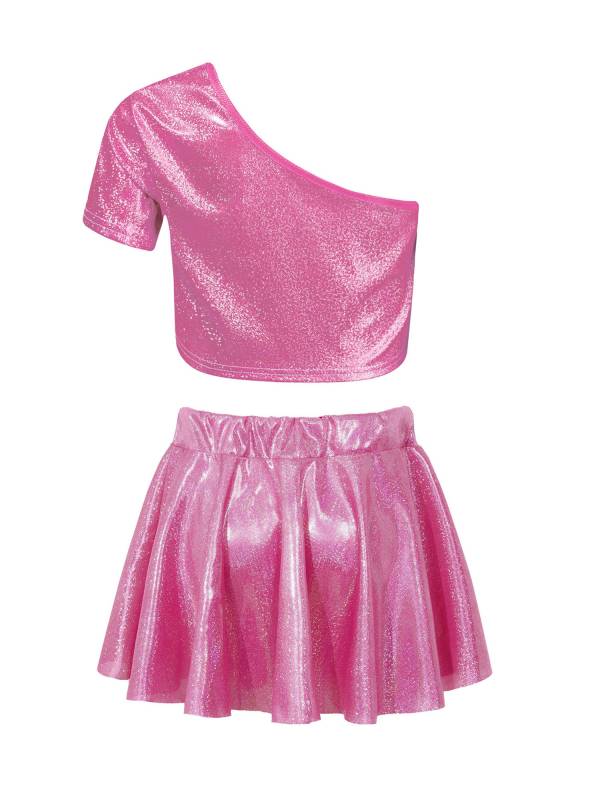 Kids Girls One Shoulder Short Sleeve Metallic Crop Top and Skirt Jazz Dance Set thumb