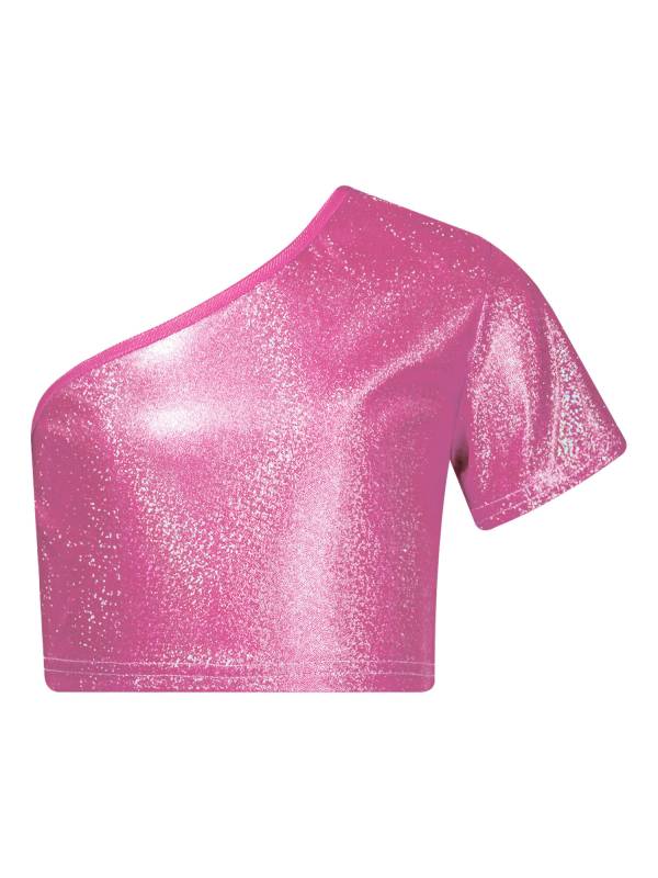 Kids Girls One Shoulder Short Sleeve Metallic Crop Top and Skirt Jazz Dance Set thumb