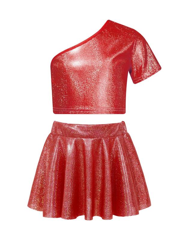 Kids Girls One Shoulder Short Sleeve Metallic Crop Top and Skirt Jazz Dance Set thumb
