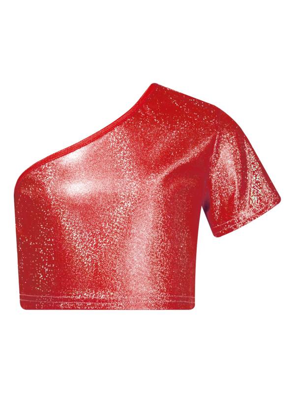 Kids Girls One Shoulder Short Sleeve Metallic Crop Top and Skirt Jazz Dance Set thumb