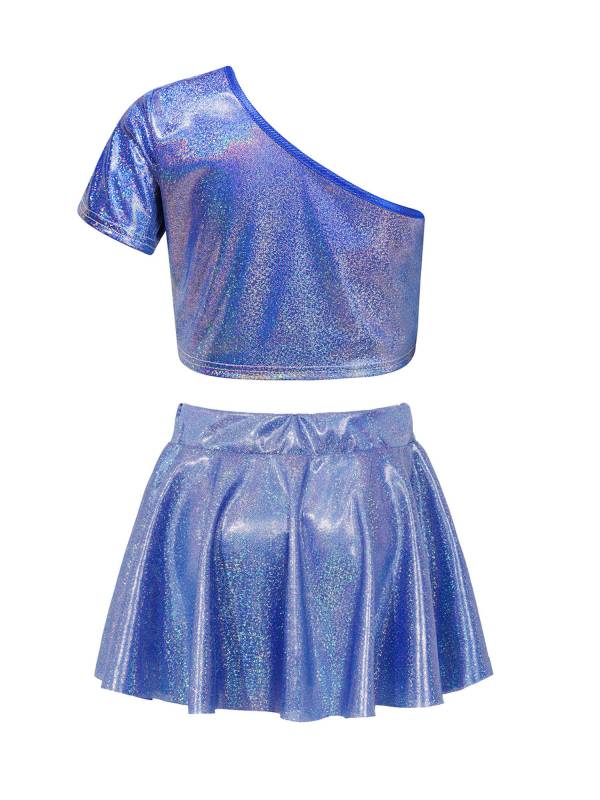 Kids Girls One Shoulder Short Sleeve Metallic Crop Top and Skirt Jazz Dance Set thumb