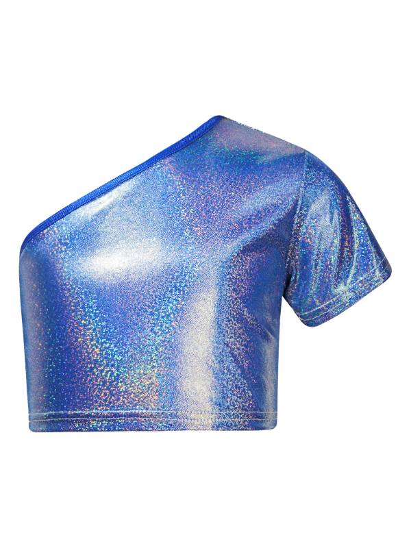Kids Girls One Shoulder Short Sleeve Metallic Crop Top and Skirt Jazz Dance Set thumb