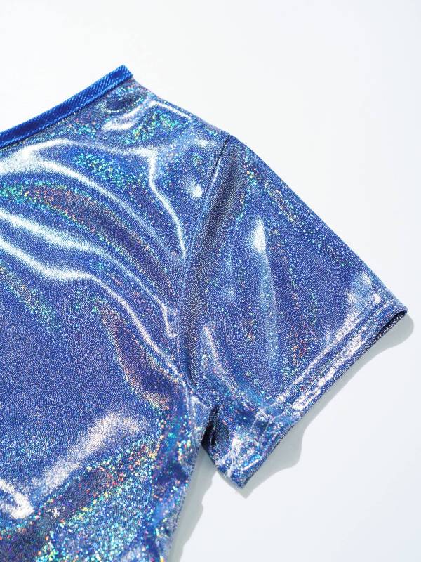 Kids Girls One Shoulder Short Sleeve Metallic Crop Top and Skirt Jazz Dance Set thumb