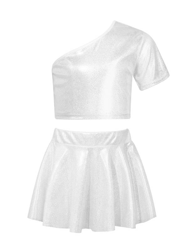 Kids Girls One Shoulder Short Sleeve Metallic Crop Top and Skirt Jazz Dance Set thumb